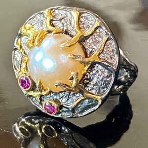 Beautiful Genuine Pearl Rhodolite Ring